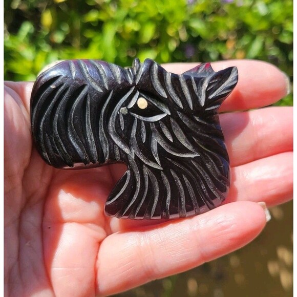 Estate Vintage Bakelite Celluloid Plastic Carved Scottie Dog Head Brooch Pin - Picture 1 of 6